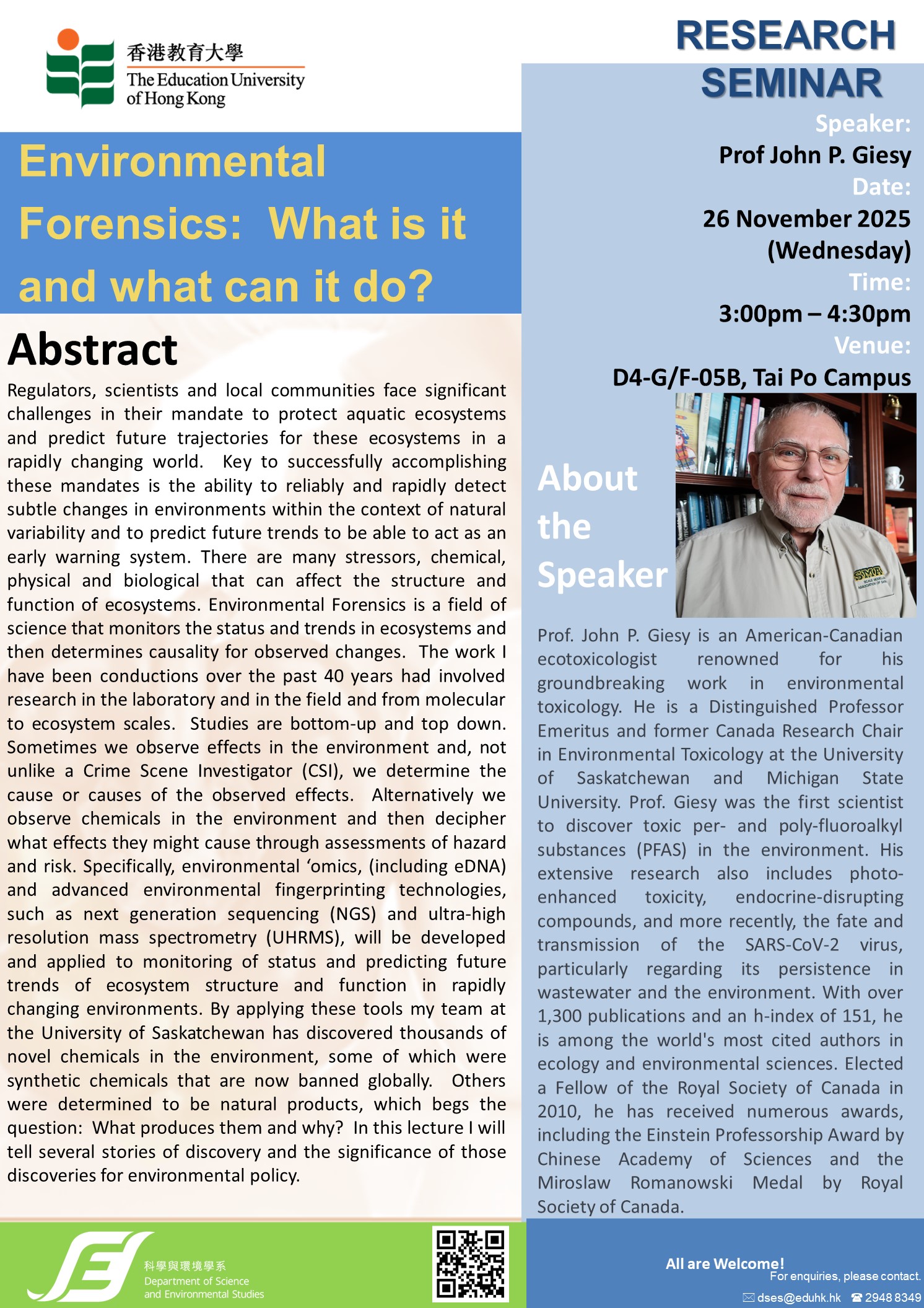 Research Seminar: Environmental Forensics: What is it and what can it do? | Prof John P. Giesy